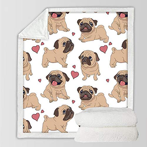 WONGS BEDDING Pug Throw Blanket Twin Cartoon Pug Dog Printed Sherpa Blanket for Kids Adults Soft Fuzzy Microfiber Plush Fleece Throw Blanket for Bed Couch and Travel (Twin Size, 60"x80")