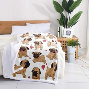 WONGS BEDDING Pug Throw Blanket Twin Cartoon Pug Dog Printed Sherpa Blanket for Kids Adults Soft Fuzzy Microfiber Plush Fleece Throw Blanket for Bed Couch and Travel (Twin Size, 60"x80")