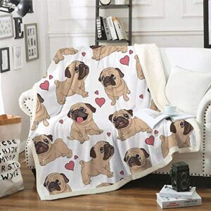 WONGS BEDDING Pug Throw Blanket Twin Cartoon Pug Dog Printed Sherpa Blanket for Kids Adults Soft Fuzzy Microfiber Plush Fleece Throw Blanket for Bed Couch and Travel (Twin Size, 60"x80")