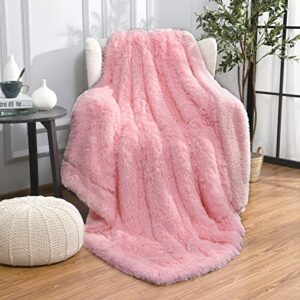 junovo Super Soft Shaggy Longfur Faux Fur Blanket, Fuzzy Throw Blanket for Bed, Fluffy Cozy Plush Light Blanket, Washable Warm Furry Throw Blanket for Couch Sofa Chair Home Decor, 50"x60" Pink