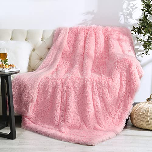 junovo Super Soft Shaggy Longfur Faux Fur Blanket, Fuzzy Throw Blanket for Bed, Fluffy Cozy Plush Light Blanket, Washable Warm Furry Throw Blanket for Couch Sofa Chair Home Decor, 50"x60" Pink