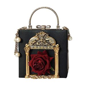 QZUnique Women's 3D Floral Embossed Clutch Evening Bag Bowknot Snaps Crossbody Purse Chain Baroque Shoulder Bag Black