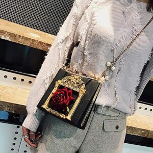 QZUnique Women's 3D Floral Embossed Clutch Evening Bag Bowknot Snaps Crossbody Purse Chain Baroque Shoulder Bag Black