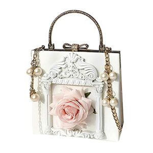 qzunique women’s 3d floral embossed clutch evening bag bowknot snaps crossbody purse chain baroque shoulder bag white