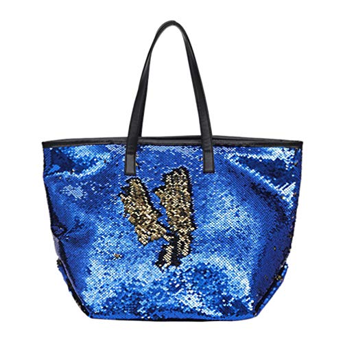 FENICAL Tote Sequins Shoulder Bag Glitter Handbag Flippy Large Tote Bag for Ladies Girls Women- Dark Blue (Random color of inner pattern)