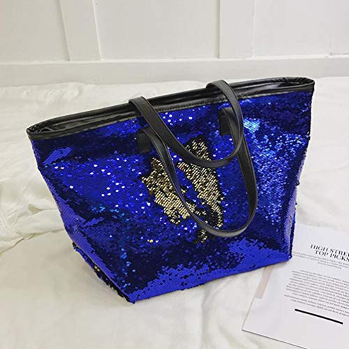 FENICAL Tote Sequins Shoulder Bag Glitter Handbag Flippy Large Tote Bag for Ladies Girls Women- Dark Blue (Random color of inner pattern)