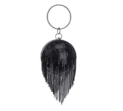 Womans Round Ball Clutch Handbag Dazzling Full Rhinestone Tassles Ring Handle Purse Evening Bag Women Round Ball Crystal Evening Clutch Purse Tassel Wedding Party Handbags (Black)