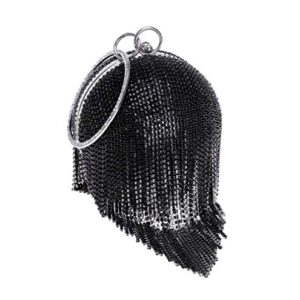 Womans Round Ball Clutch Handbag Dazzling Full Rhinestone Tassles Ring Handle Purse Evening Bag Women Round Ball Crystal Evening Clutch Purse Tassel Wedding Party Handbags (Black)