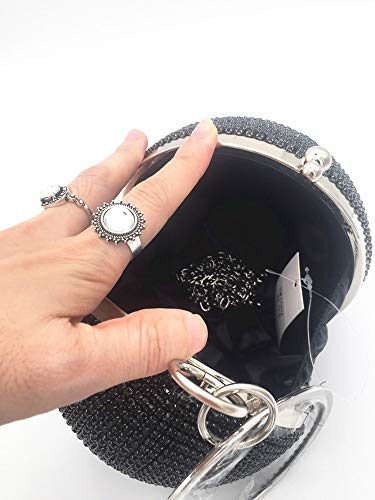 Womans Round Ball Clutch Handbag Dazzling Full Rhinestone Tassles Ring Handle Purse Evening Bag Women Round Ball Crystal Evening Clutch Purse Tassel Wedding Party Handbags (Black)