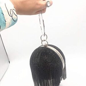 Womans Round Ball Clutch Handbag Dazzling Full Rhinestone Tassles Ring Handle Purse Evening Bag Women Round Ball Crystal Evening Clutch Purse Tassel Wedding Party Handbags (Black)