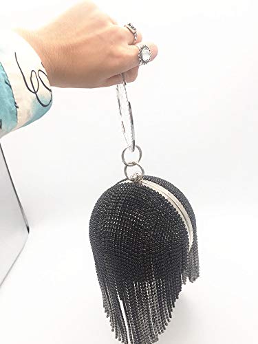 Womans Round Ball Clutch Handbag Dazzling Full Rhinestone Tassles Ring Handle Purse Evening Bag Women Round Ball Crystal Evening Clutch Purse Tassel Wedding Party Handbags (Black)