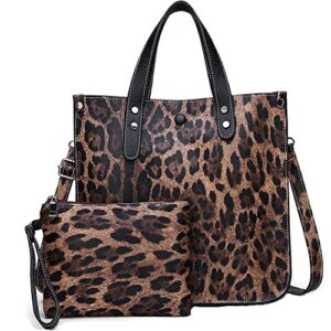 leopard print tote bag women animal print pu leather handbags ladies shoulder bags totes purse clutch wallet satchel style handbags 2 pcs set-brown