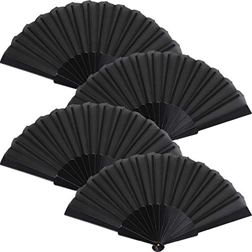 4 Pieces Handheld Folding Fan Chinese Fan Oriental Cloth Fabric Fan for Dancing, Party, Wedding Gifts, DIY Decoration, Home Decorations (Black)