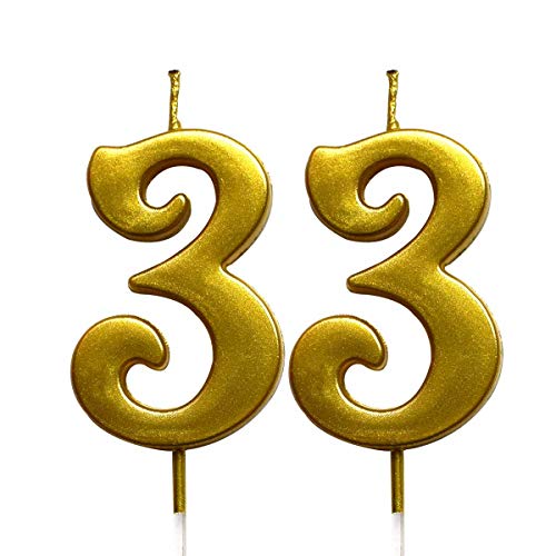 MAGJUCHE Gold 33rd Birthday Numeral Candle, Number 33 Cake Topper Candles Party Decoration for Women or Men