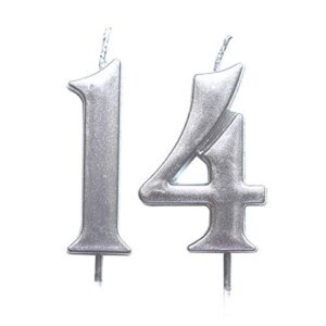 magjuche silver 14th birthday numeral candle, number 14 cake topper candles party decoration for girl or boy