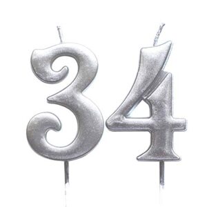 magjuche silver 34th birthday numeral candle, number 34 cake topper candles party decoration for women or men