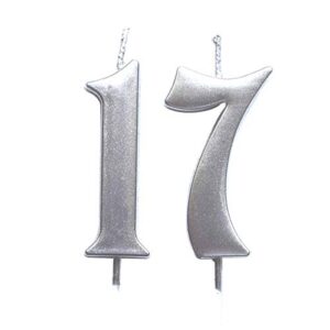 silver 17th birthday numeral candle, number 17 cake topper candles party decoration for girl or boy