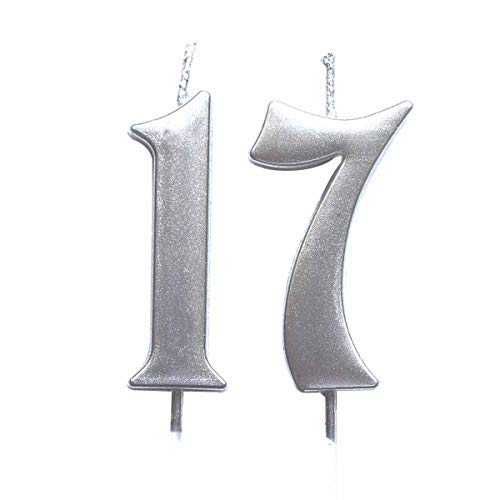 Silver 17th Birthday Numeral Candle, Number 17 Cake Topper Candles Party Decoration for Girl Or Boy