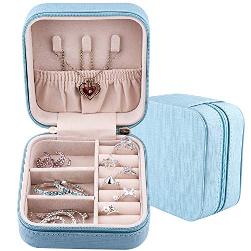 JIDUO Duomiila Small Jewelry Box, Travel Mini Organizer Portable Display Storage Case for Rings Earrings Necklace,Gifts for Girls Women (Blue-1)