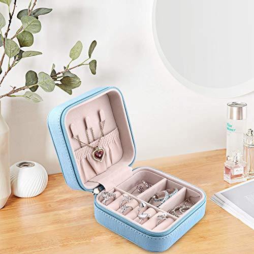 JIDUO Duomiila Small Jewelry Box, Travel Mini Organizer Portable Display Storage Case for Rings Earrings Necklace,Gifts for Girls Women (Blue-1)