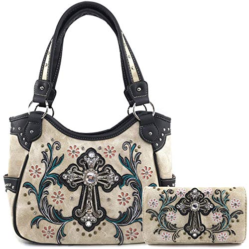 Zelris Western Cross Daisy Flower Women Conceal Carry Tote Handbag Purse Set (Ivory Beige)