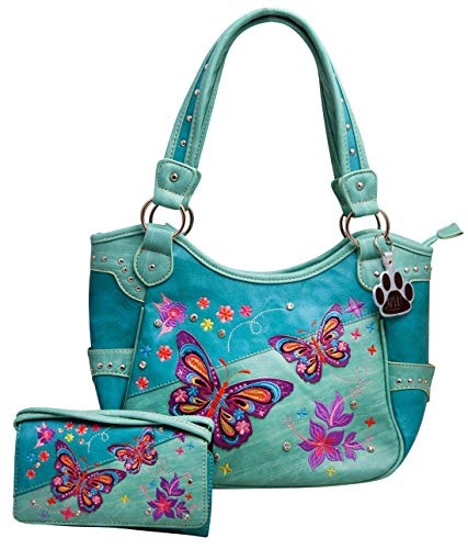 HW Collection Butterfly Purse Western Concealed Carry Country Handbag Wallet Set (Turquoise)