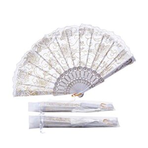 Sepwedd 30pcs Rose Lace Floral Folding Hand Fans Chinese Retro Folding Fan Bridal Dancing Props Church Wedding Gift Party Favors with Gift Bags（White）