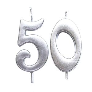 magjuche silver 50th birthday numeral candle, number 50 cake topper candles party decoration for women or men