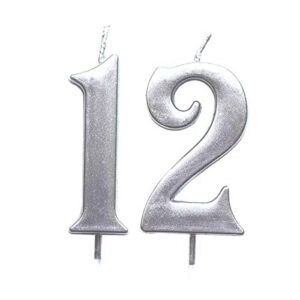 magjuche silver 12th birthday numeral candle, number 12 cake topper candles party decoration for girl or boy
