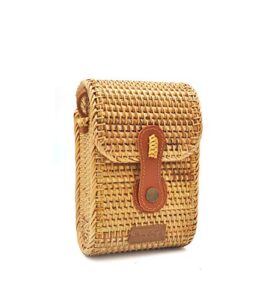 haancrafts haan women cellphone handwoven wicker crossbody wallet boho purse oval rattan bag for summer beach – natural stylish & chic – shoulder real leather adjustable strap
