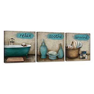 ihappywall 3 pieces bathroom canvas wall art teal style bathtub bath set towel relax soothe unwind bathroom still life picture poster print on canvas stretched and framed ready to hang