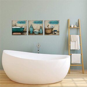 iHAPPYWALL 3 Pieces Bathroom Canvas Wall Art Teal Style Bathtub Bath Set Towel Relax Soothe Unwind Bathroom Still Life Picture Poster Print On Canvas Stretched and Framed Ready To Hang