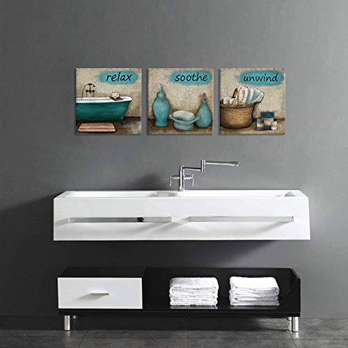 iHAPPYWALL 3 Pieces Bathroom Canvas Wall Art Teal Style Bathtub Bath Set Towel Relax Soothe Unwind Bathroom Still Life Picture Poster Print On Canvas Stretched and Framed Ready To Hang