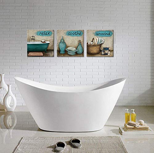 iHAPPYWALL 3 Pieces Bathroom Canvas Wall Art Teal Style Bathtub Bath Set Towel Relax Soothe Unwind Bathroom Still Life Picture Poster Print On Canvas Stretched and Framed Ready To Hang