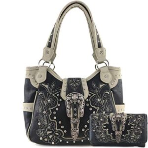 zelris western floral blossom buckle women conceal carry tote handbag purse set (black)