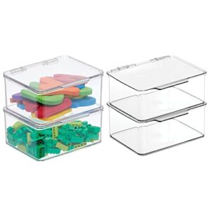 mdesign plastic playroom and gaming storage organizer box containers with hinged lid for shelves or cubbies, holds small toys, building blocks, puzzles, markers, controllers, or crayons, 4 pack, clear