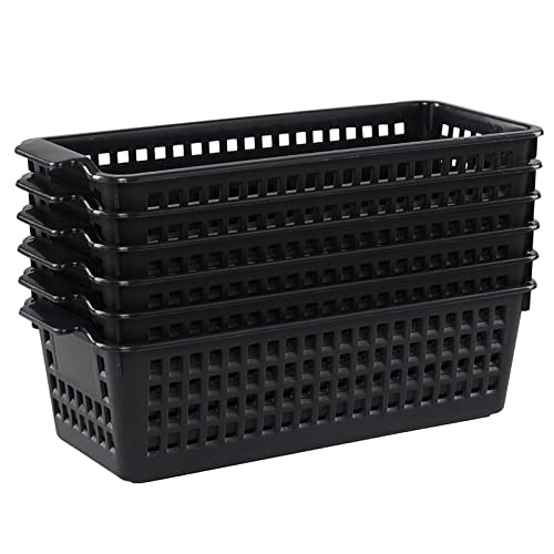 Idomy 6-Pack Slim Plastic Storage Trays Baskets, Black Small Storage Basket