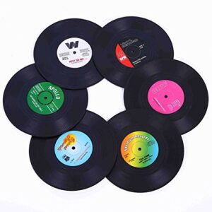 coasters for drinks with gift box – set of 6 colorful retro vinyl record disk coasters with funny labels-prevent furniture from dirty and scratched-4.2 inch