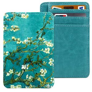 kandouren slim rfid blocking leather front pocket wallet for women & girl,money clip,credit card holder case(green van gogh flower)