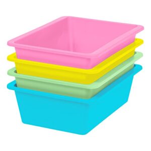 iris usa large multi-purpose plastic storage bins, 4-pack, durable thick plastic organizer containers for toys diapers clothes crafts kids room playroom daycare school storage, pastel colors