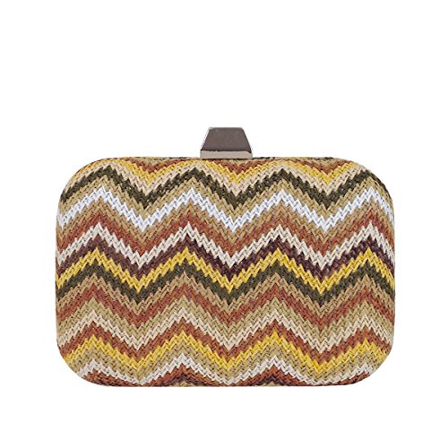 Multicolored Chevron Raffia Straw Box Clutch, Natural