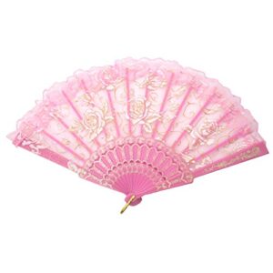 TRENDBOX Flower Rose Lace Handheld Chinese Folding Fan for Dancing Ball Parties Ladies - Rose Pink