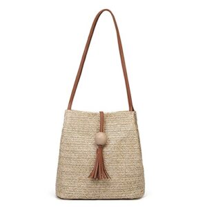 qzunique straw handbags women’s summer straw bucket tote bag straw woven handbag tassel shoulder bag purse