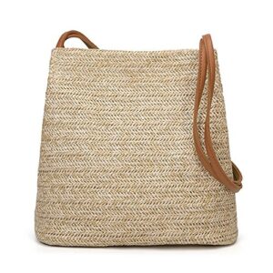 QZUnique Straw Handbags Women's Summer Straw Bucket Tote Bag Straw Woven Handbag Tassel Shoulder Bag Purse