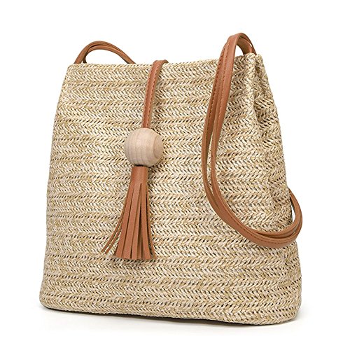 QZUnique Straw Handbags Women's Summer Straw Bucket Tote Bag Straw Woven Handbag Tassel Shoulder Bag Purse