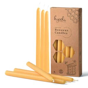 hyoola 9 inch beeswax taper candles 12 pack – handmade, all natural, 100% pure unscented bee wax candle – tall, decorative, golden yellow – 5 hour burn time