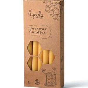 Hyoola 9 Inch Beeswax Taper Candles 12 Pack – Handmade, All Natural, 100% Pure Unscented Bee Wax Candle - Tall, Decorative, Golden Yellow – 5 Hour Burn Time