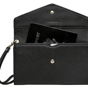 KROSSLON Rfid Passport Holder Wristlet Travel Wallet Trifold Documents Organizer Slim Purse, Fit US UK CA Passport Cover Traveling Accessories for Women, Black(201#)