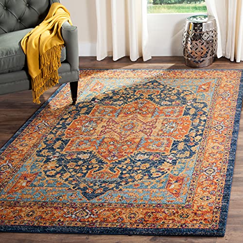 SAFAVIEH Evoke Collection 3' x 5' Blue/Orange EVK275C Oriental Medallion Distressed Non-Shedding Living Room Bedroom Accent Rug