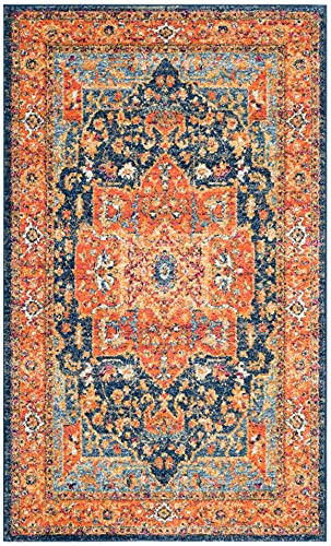 SAFAVIEH Evoke Collection 3' x 5' Blue/Orange EVK275C Oriental Medallion Distressed Non-Shedding Living Room Bedroom Accent Rug